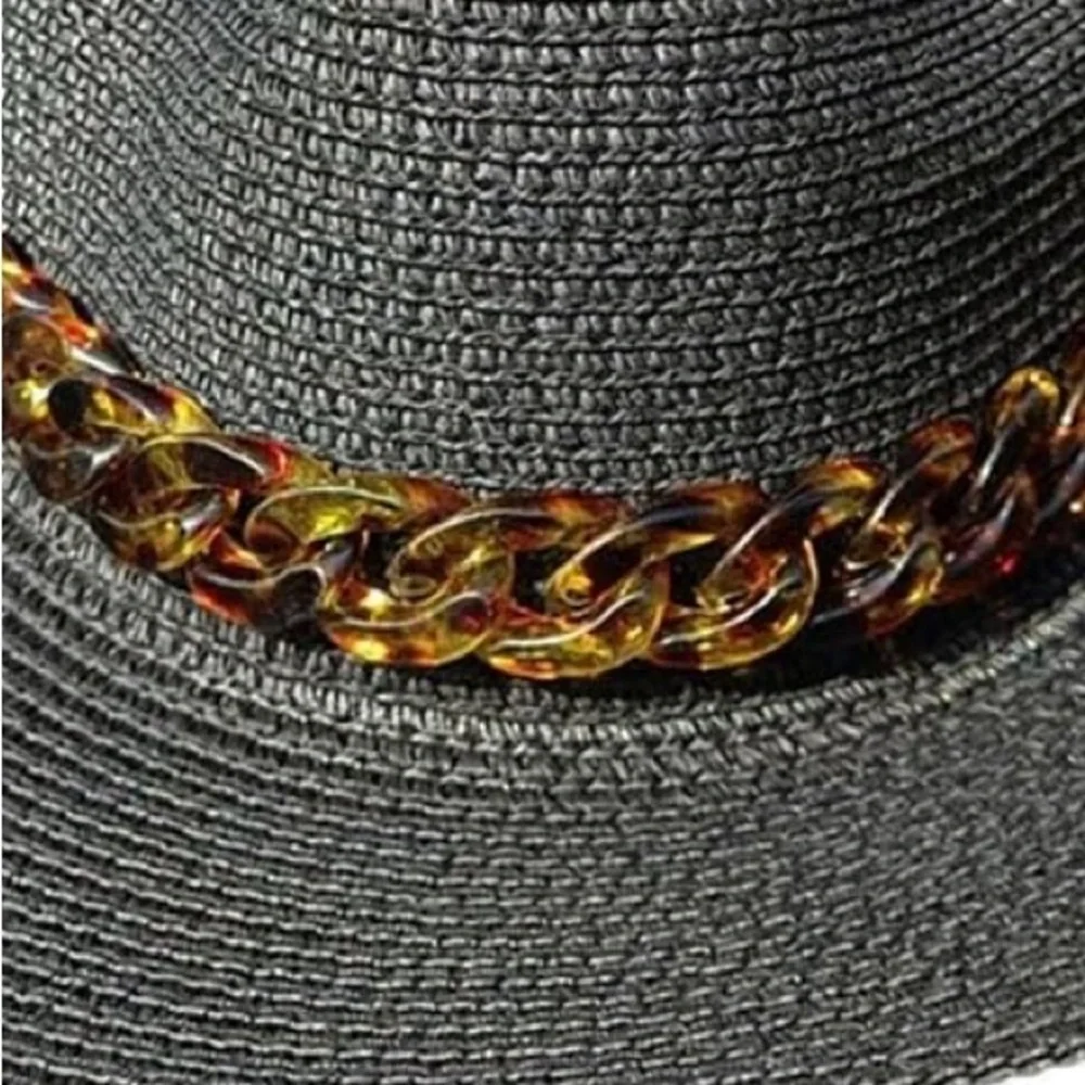 New Time & Tru Women’s Black Woven Straw Fedora Hat with Brown Accent